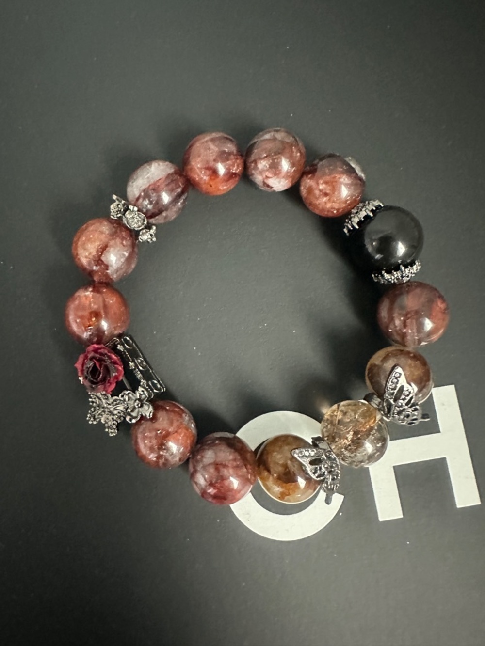 Handcrafted Hematoid Quartz Bracelet with Floral Accents